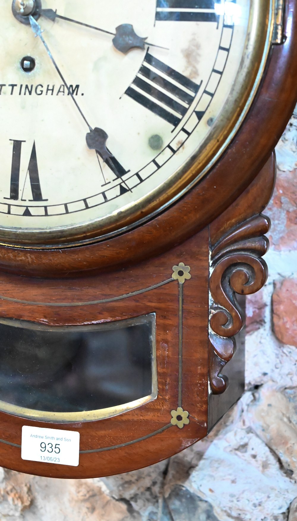 WITHDRAWN Pearce, Nottingham, a 19th century brass inlaid mahogany cased drop dial wall clock - Image 3 of 3