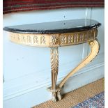 An 18th century style black marble top demi-lune giltwood console table, 76 cm w x 38 cm x 72 cm h
