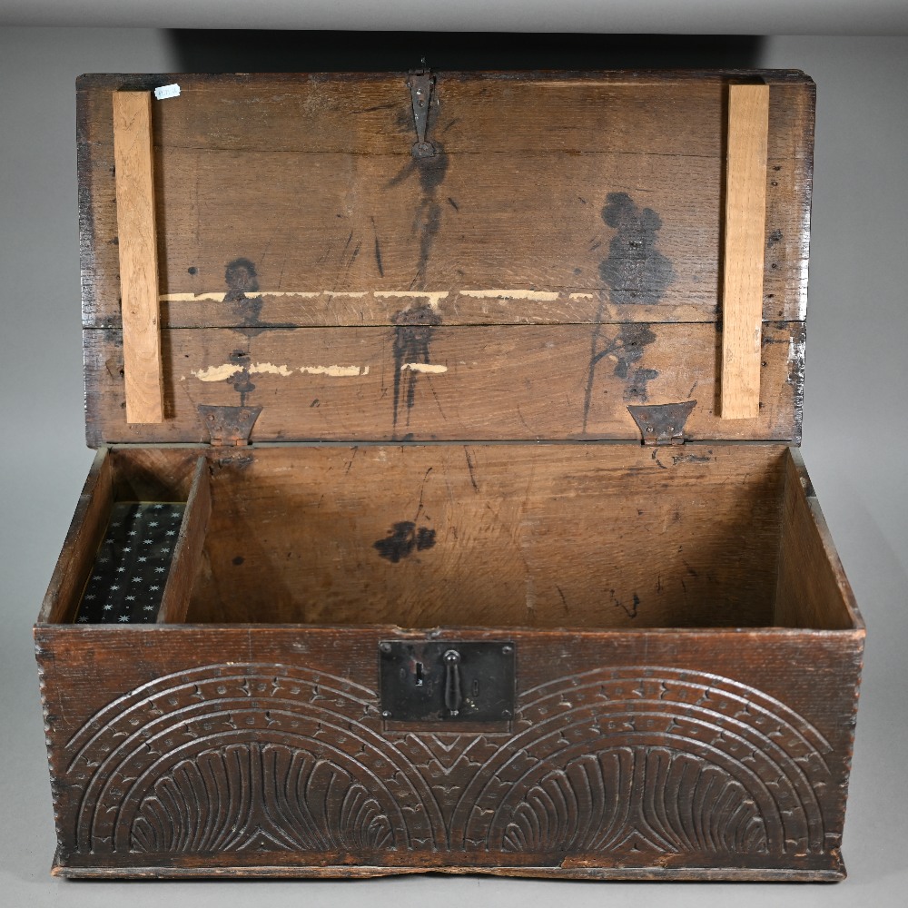 A late 17th century bible box with lunette carved front, 70 cm x 36 cm x 26.5 cm h - Image 5 of 7