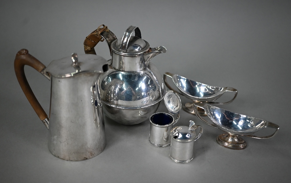 A pair of ep twin-handled navette open salts, to/w a pair of mustards pots, Jersey cream jug and a - Image 2 of 6
