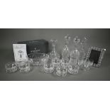 A boxed Waterford Crystal Tara candelabra hung with lustres to/w three Waterford decanters and a