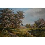 Don Vaughan - A meadow scene at blossom time, oil on canvas, signed lower left, 60 x 90 cm
