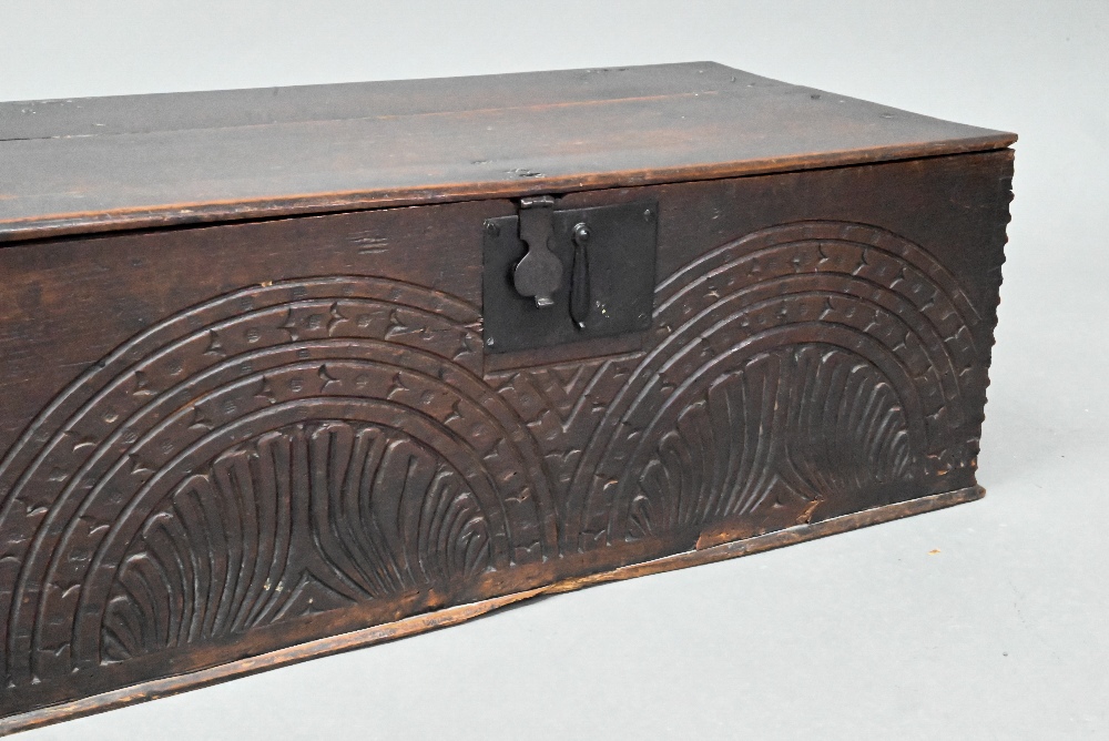 A late 17th century bible box with lunette carved front, 70 cm x 36 cm x 26.5 cm h - Image 2 of 7