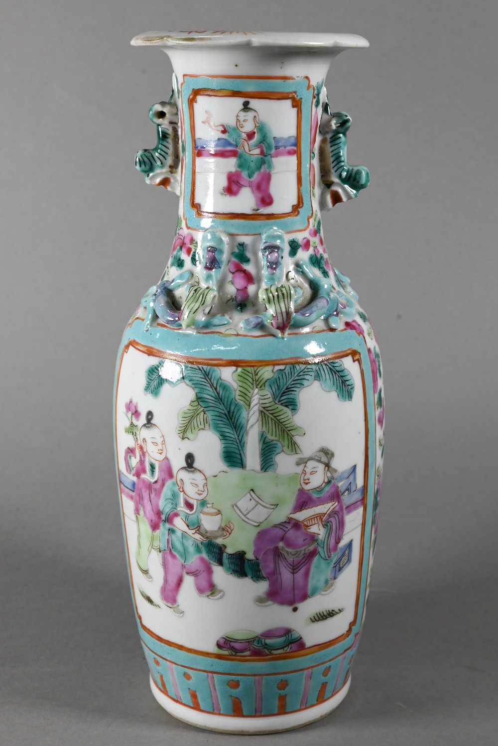 A pair of 19th century Chinese Canton famille rose vases of baluster form with everted foliate rims, - Image 5 of 8