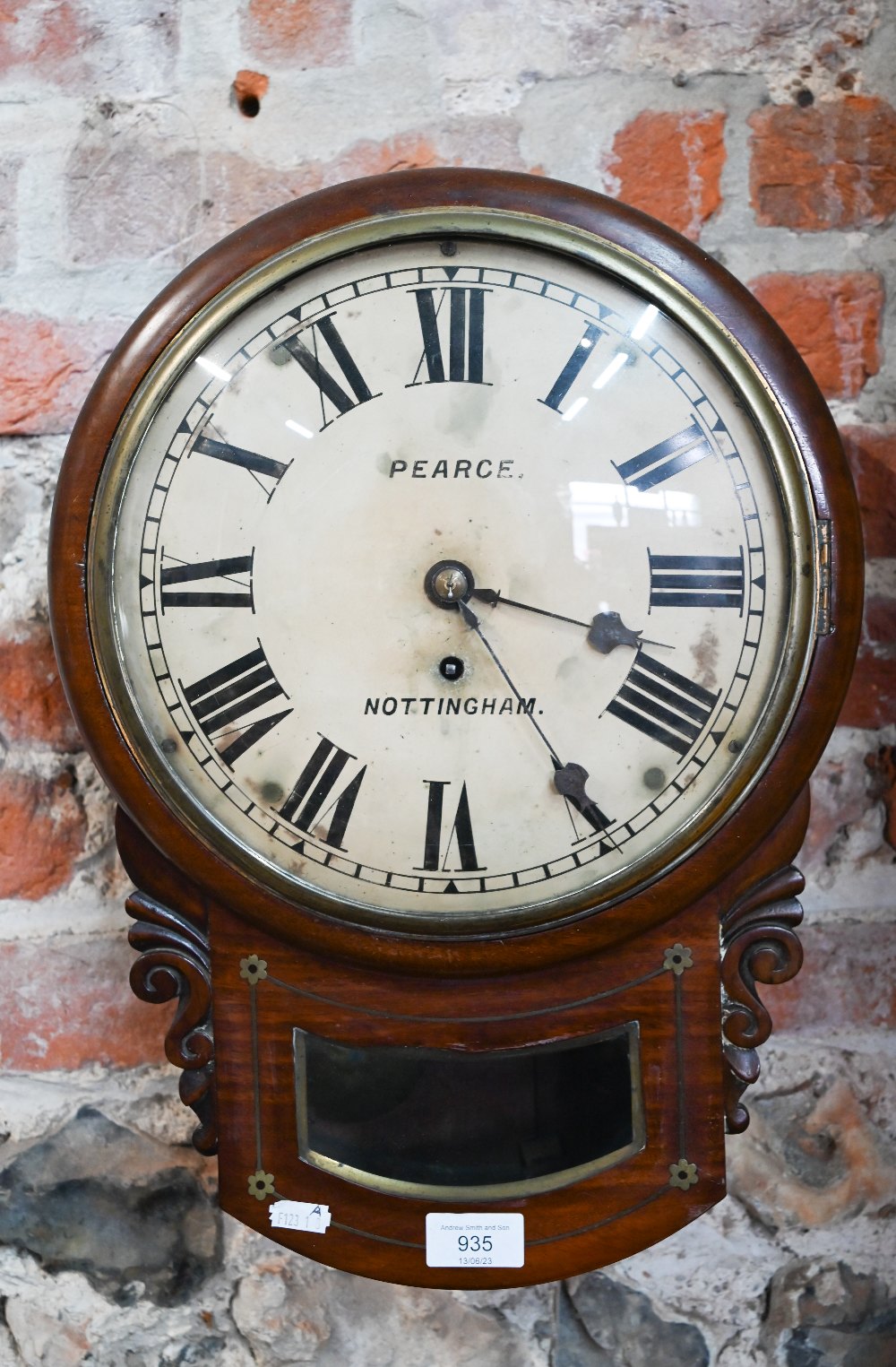 WITHDRAWN Pearce, Nottingham, a 19th century brass inlaid mahogany cased drop dial wall clock