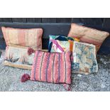Four assorted antique kelim faced cushions to/with two Indian printed cushions (6)