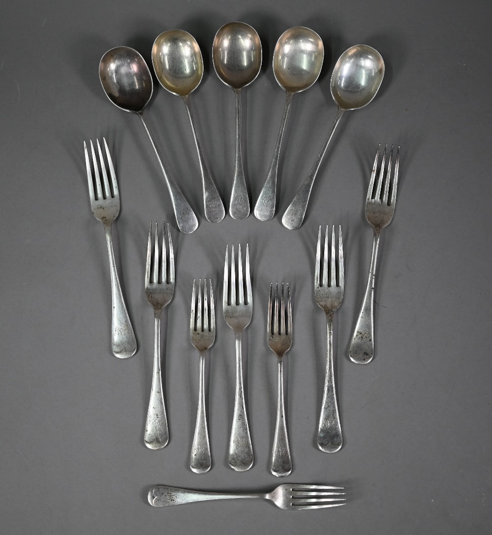 Five old English pattern soup spoons, to/w five matched table forks and three matching dessert