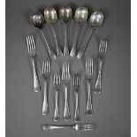 Five old English pattern soup spoons, to/w five matched table forks and three matching dessert