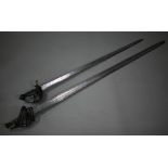 An antique broadsword with 108 cm half-fullered blade, wired canvas wrought iron hilt with spiral