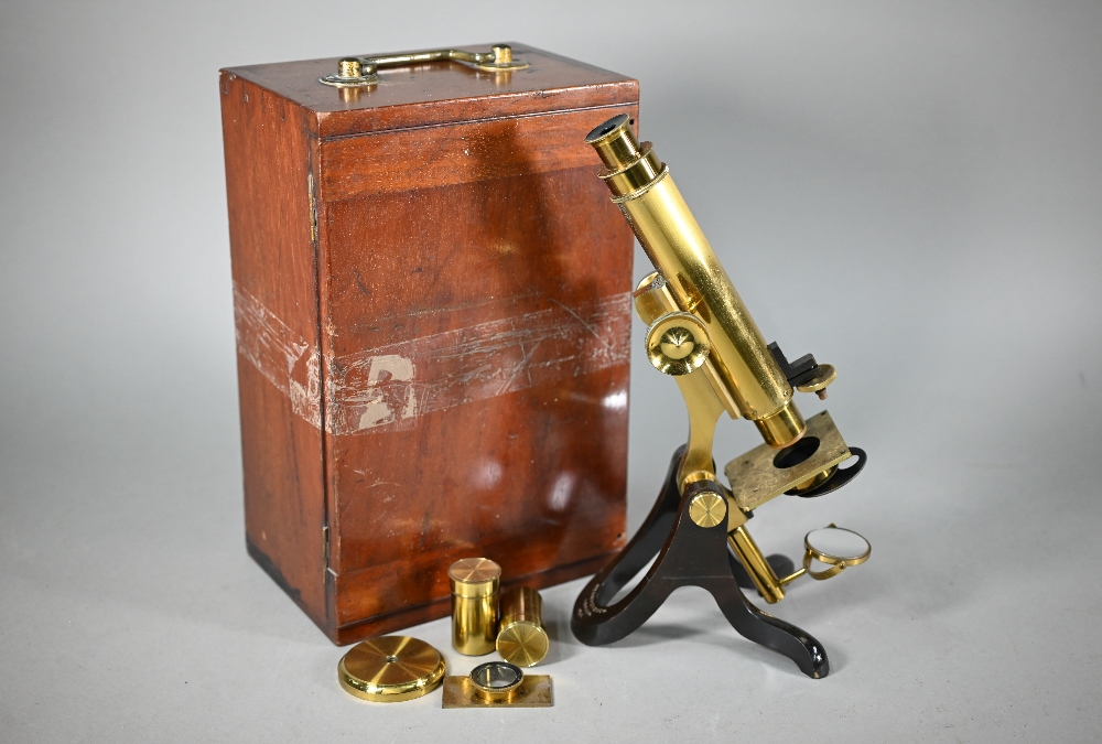 A lacquered brass microscrope by Henry Crouch, London, no 1494, in fitted case with optics and other - Image 3 of 7