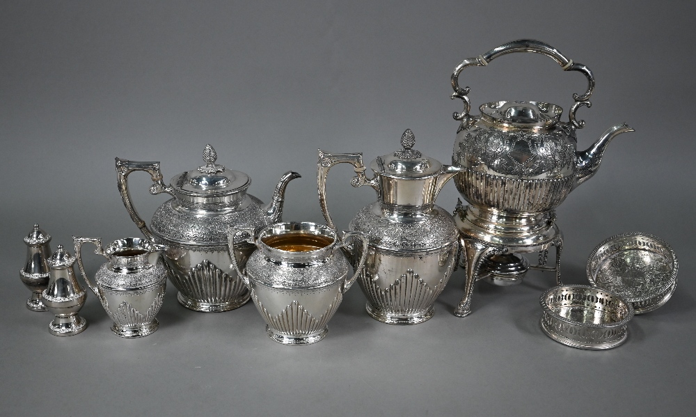 A Victorian EPBM four-piece tea service including hot water jug, to/w a kettle on stand, - Image 3 of 5