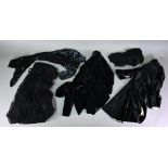 Two vintage ladies black velvet jackets, a black lace dress, black sequin stole, and black net stole