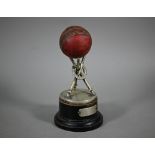 Cricket: an EPNS trophy modelled as three wreathed stumps to support a leather cricket ball, an