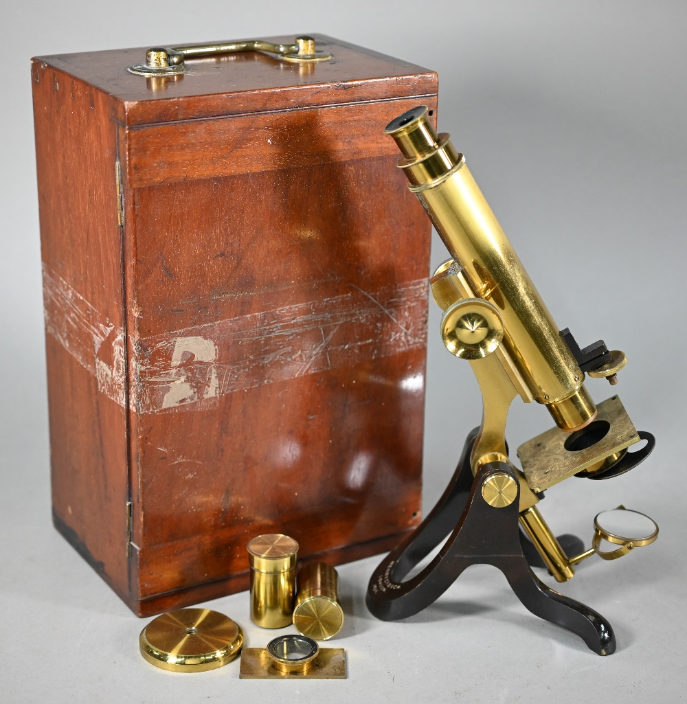 A lacquered brass microscrope by Henry Crouch, London, no 1494, in fitted case with optics and other - Image 4 of 7