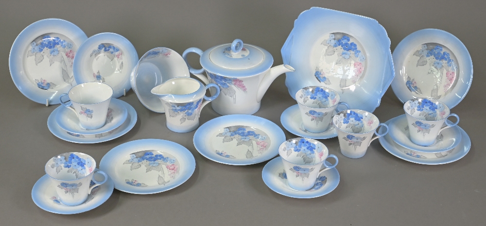 An Art Deco Shelley china tea service, printed and painted with the 'Phlox' pattern within blue - Image 2 of 5