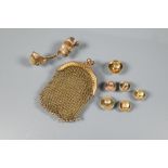 A collection of various old gold items including 9ct and 18ct studs, denture holder, and mesh