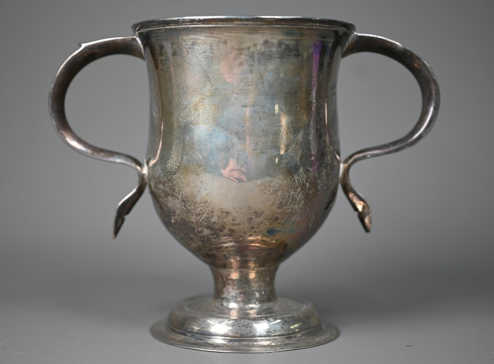 A George III silver loving cup with twin scroll handles on plain stem and domed foot, Charles - Image 2 of 6
