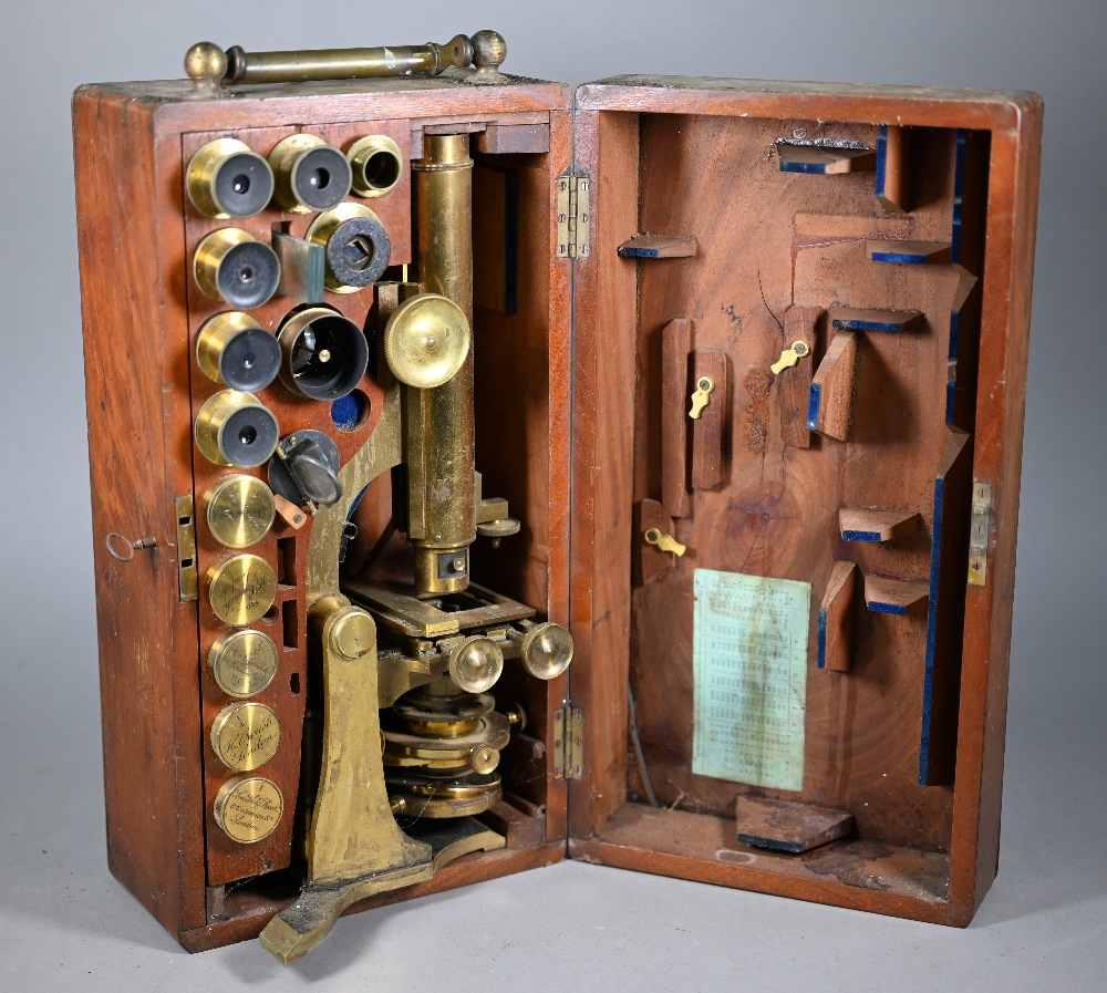 A lacquered brass microscrope by Henry Crouch, London, no 1494, in fitted case with optics and other - Image 2 of 7