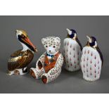 Four Royal Crown Derby paperweights - Pelican, Teddy Bear and two penguins (4)