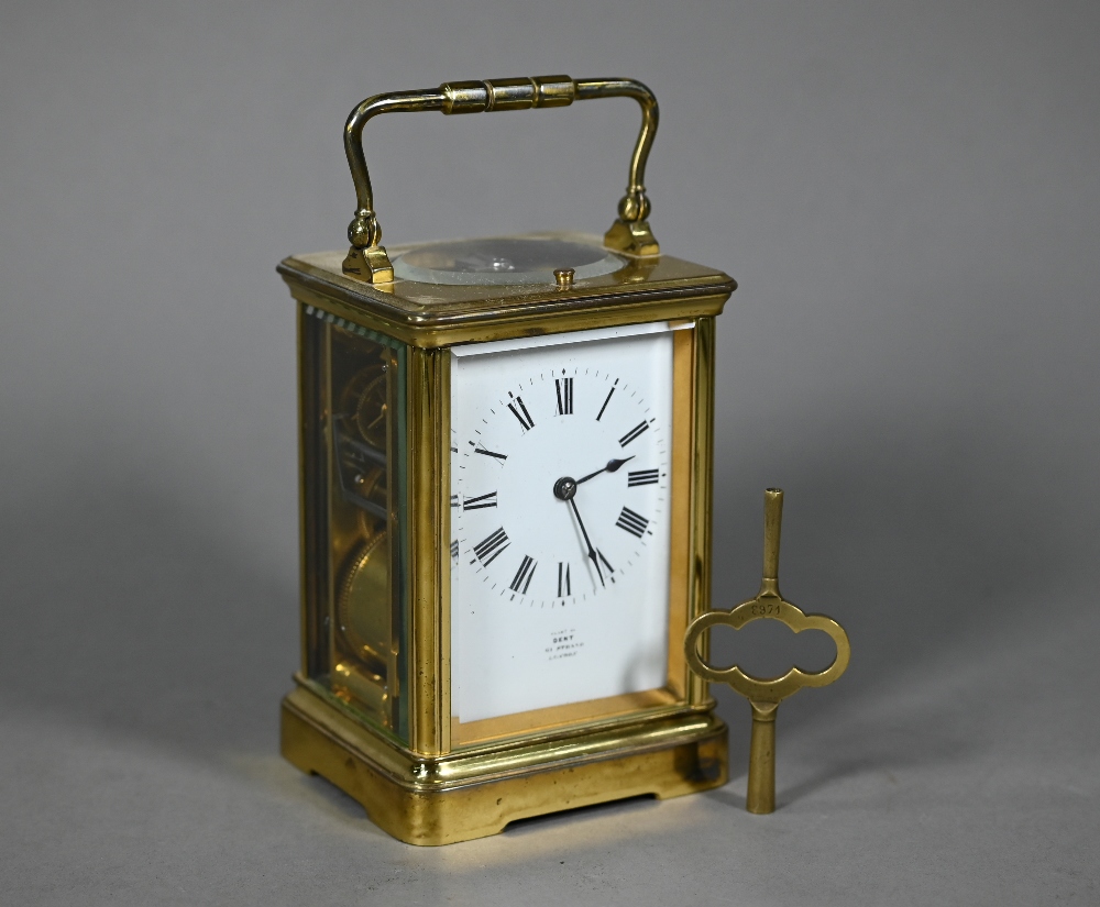 Dent, 61 The Strand, London, a brass cased two train eight-day hour repeat carriage clock,