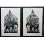 Two Thai cut-out buffalo or cow hide Nang Talung poychrome shadow puppets, mounted framed and