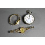 An Ingersoll ladies gilt cased wristwatch to/with an unbranded vintage wristwatch and a Limit fob