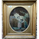A pair of Georgian oval silk, wool and watercolour pictures of young children in elegant garden