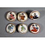 Six early 20th century Japanese ceramic buttons gilded and painted in polychrome enamels with Geisha
