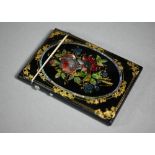 A Victorian papier-maché visiting card case with painted, gilded and mother-of-pearl inlaid