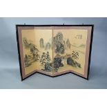 A 20th century Japanese folding screen, Byobu, the four-panels painted with ink and colour depicting