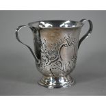 A George III silver invalid's cup with floral engraving, twin reeded strap handles and moulded