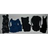 Five vintage long evening dresses, velvet, silk, of simple elegant form in black and navy blue,