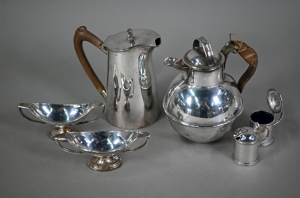 A pair of ep twin-handled navette open salts, to/w a pair of mustards pots, Jersey cream jug and a