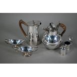 A pair of ep twin-handled navette open salts, to/w a pair of mustards pots, Jersey cream jug and a