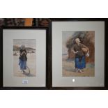 19th century English school - Two studies of fisherwomen, one carrying water urn, one with fishing