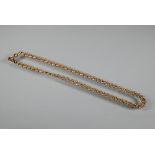 A yellow gold fancy linked watch chain with swivel and associated bolt ring attached, stamped 10c,