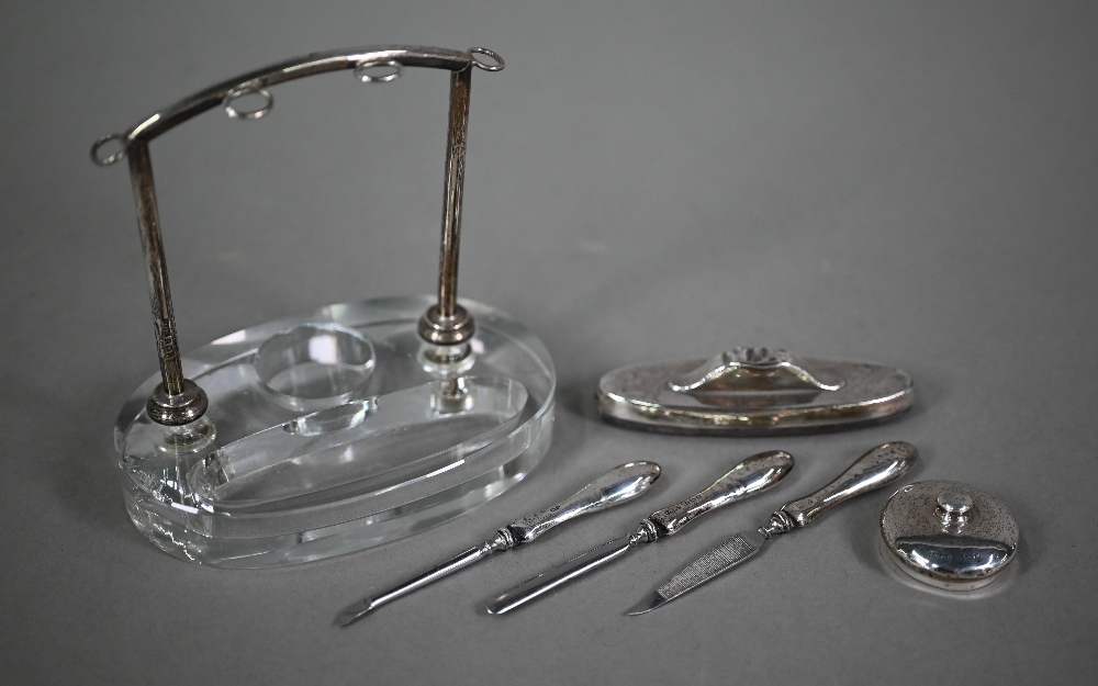 A silver-mounted manicure set on glass base, Birmingham 1932, to/w an Edwardian silver cream and - Image 4 of 4