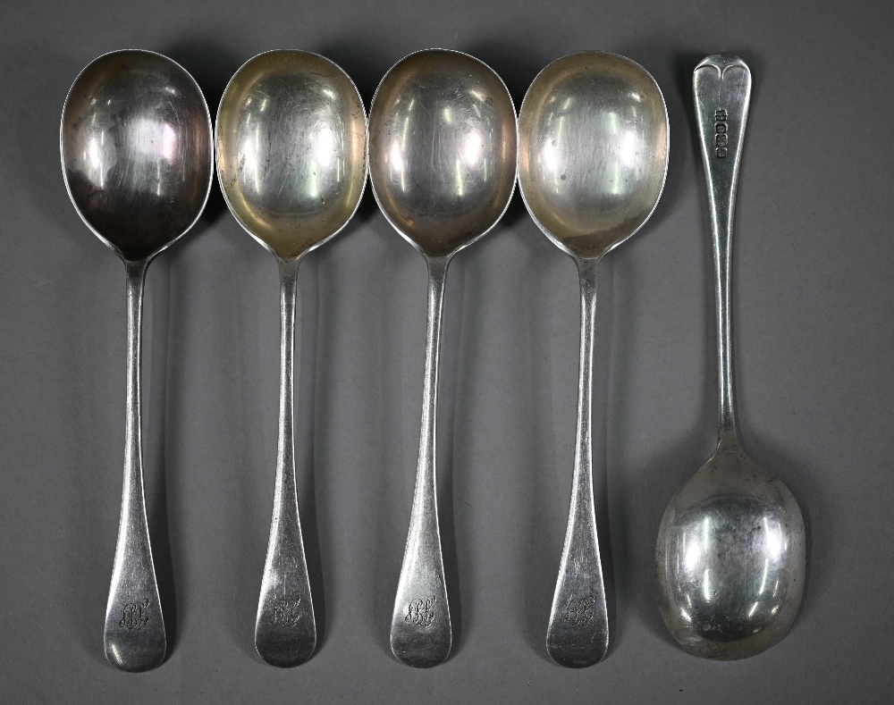 Five old English pattern soup spoons, to/w five matched table forks and three matching dessert - Image 4 of 5