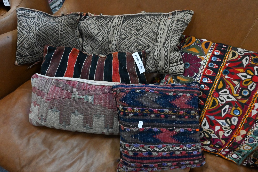An assortment of seven antique and later kelim faced cushions to/with an mirror panelled Indian - Image 3 of 4