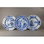 Three 18th century Chinese blue and white export plates, the two circular examples painted in