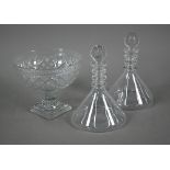 An antique (possibly Irish) cut glass stemmed bowl on square base, 23 cm diameter, to/w a pair of