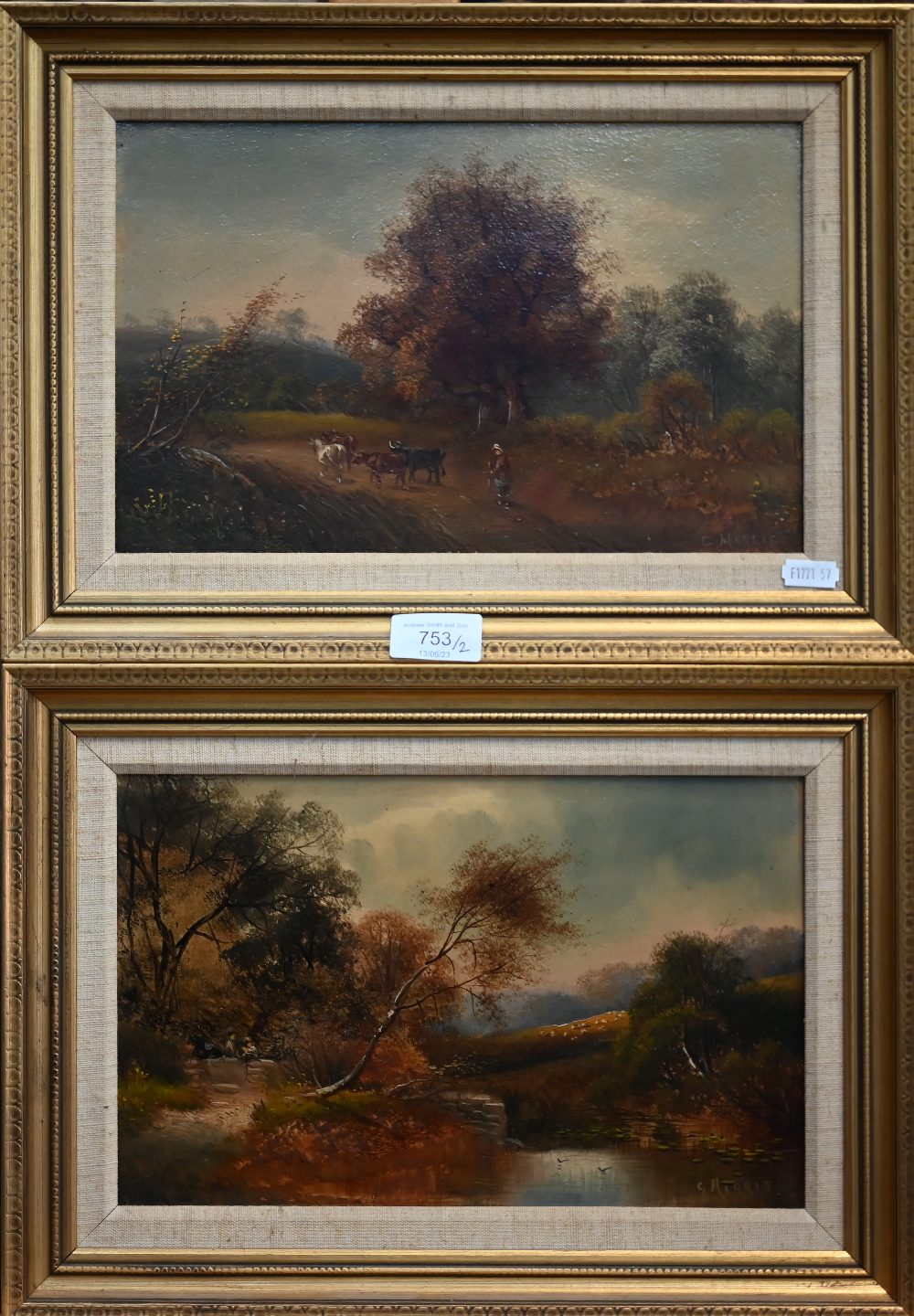 G Harris - A pair of autumnal landscapes, oil on board, signed, 18 x 29 cm (2)