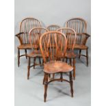 A set of six 19th century style oak and elm crinoline stretcher Windsor chairs, comprising four side