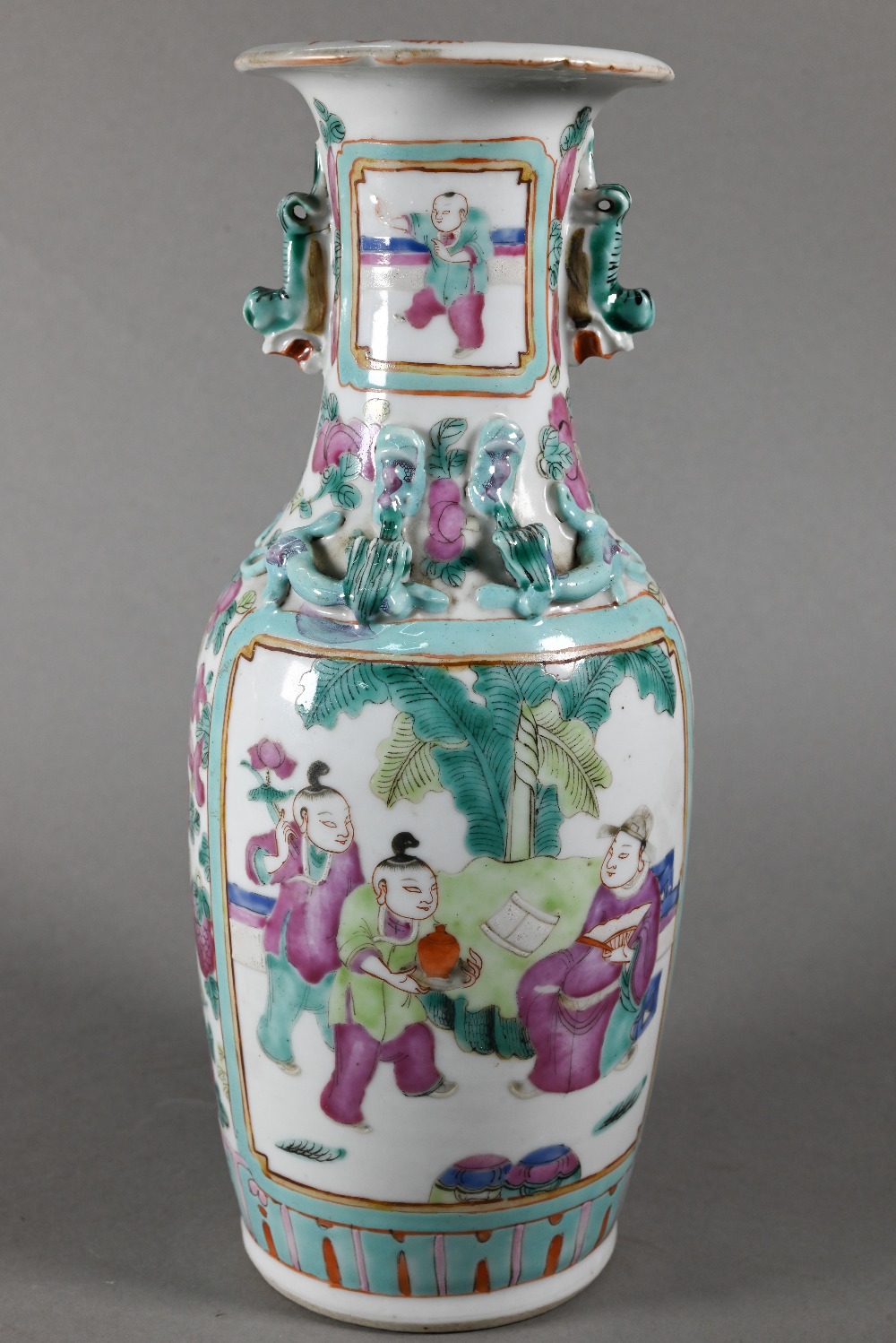 A pair of 19th century Chinese Canton famille rose vases of baluster form with everted foliate rims, - Image 4 of 8