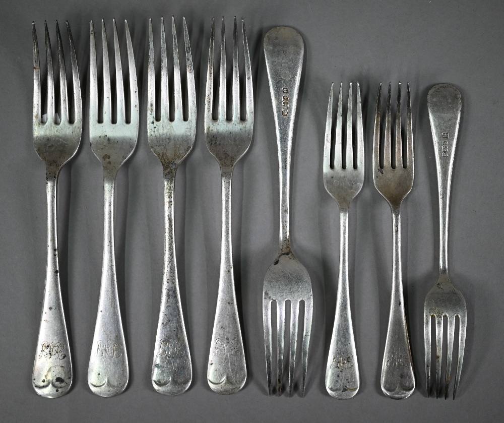 Five old English pattern soup spoons, to/w five matched table forks and three matching dessert - Image 2 of 5