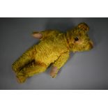 A vintage green/gold mohair teddy bear with stitched nose, swivel head and limbs, hump back and