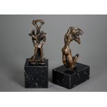 Two small bronze figures in the Surrealist manner, numbered 792/1156, on marble plinths, 15/18 cm