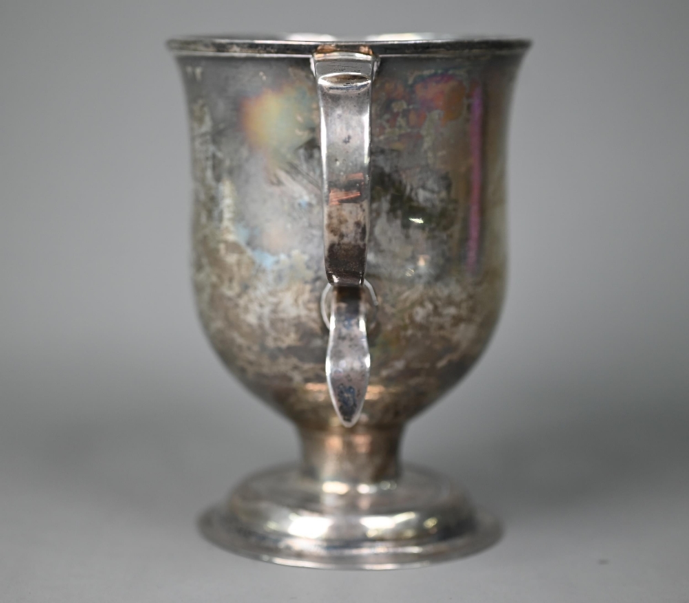 A George III silver loving cup with twin scroll handles on plain stem and domed foot, Charles - Image 3 of 6