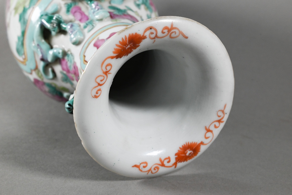 A pair of 19th century Chinese Canton famille rose vases of baluster form with everted foliate rims, - Image 8 of 8
