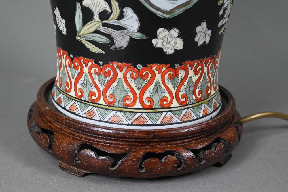 A late 19th or early 20th century Chinese famille noire style baluster vase (drilled and mounted - Image 4 of 6